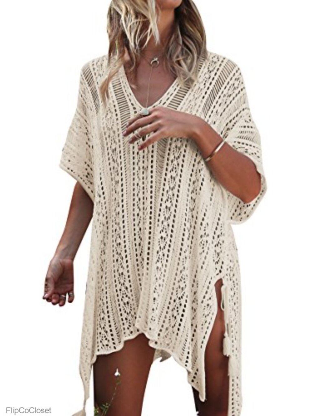 Crochet Bathing Suit Cover Up V-Neck Drawstring Beach Dress